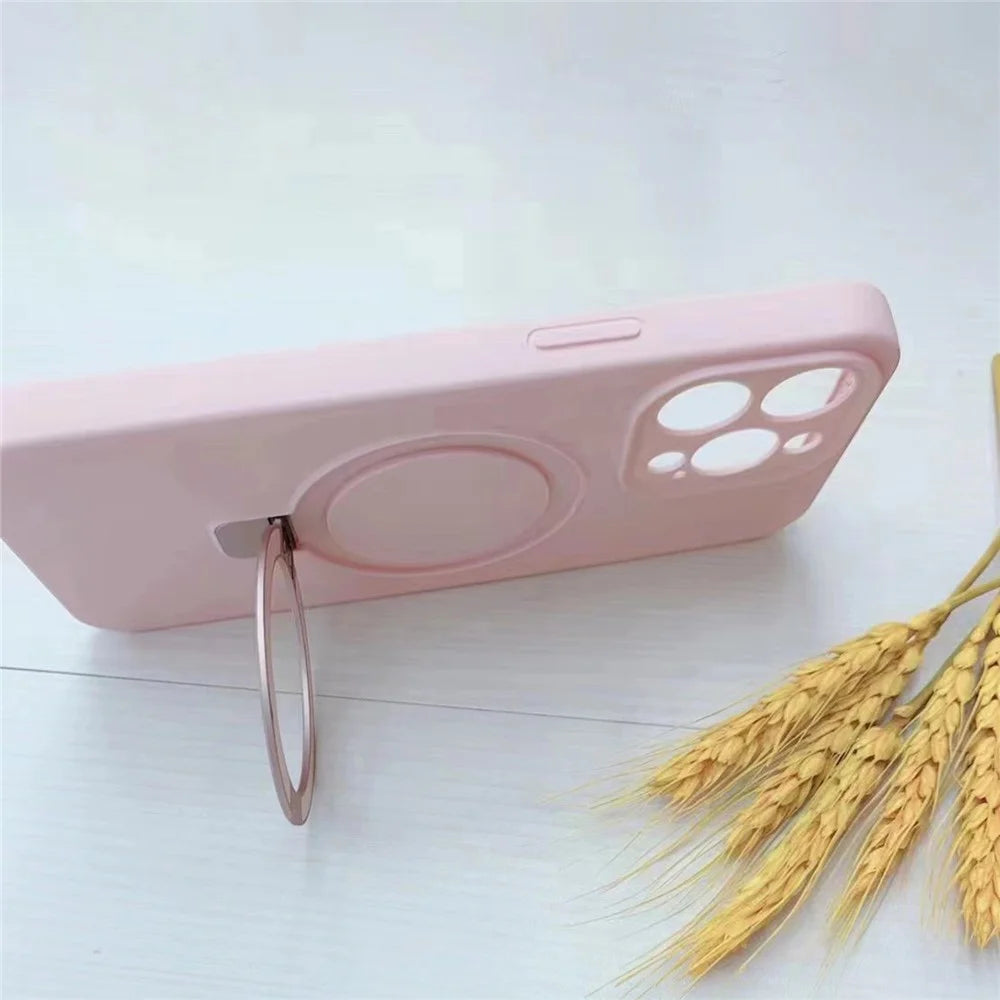 For iPhone 14 Pro Liquid Silicone Case Compatible with MagSafe Kickstand Phone Cover - Pink - 4