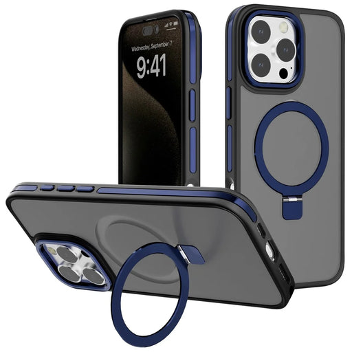 C1 Series For iPhone 15 Pro Max Case TPU+PC Skin Touch Anti-Shock Phone Cover with Magnetic Kickstand - Sapphire - 1