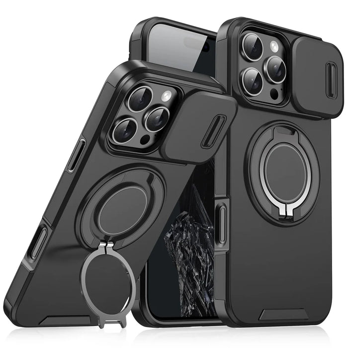 For iPhone 16 Pro Max Magnetic Phone Case Slide Lens Protection Ring Kickstand TPU+PC Cover - Black - 1