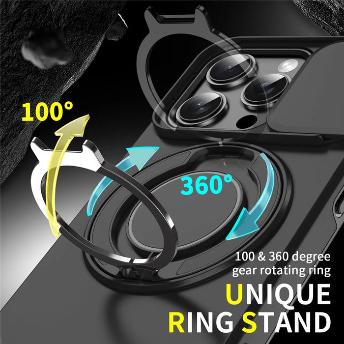 For iPhone 16 Pro Max Magnetic Phone Case Slide Lens Protection Ring Kickstand TPU+PC Cover - Black - 3