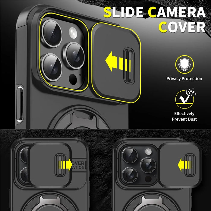 For iPhone 16 Pro Max Magnetic Phone Case Slide Lens Protection Ring Kickstand TPU+PC Cover - Black - 6