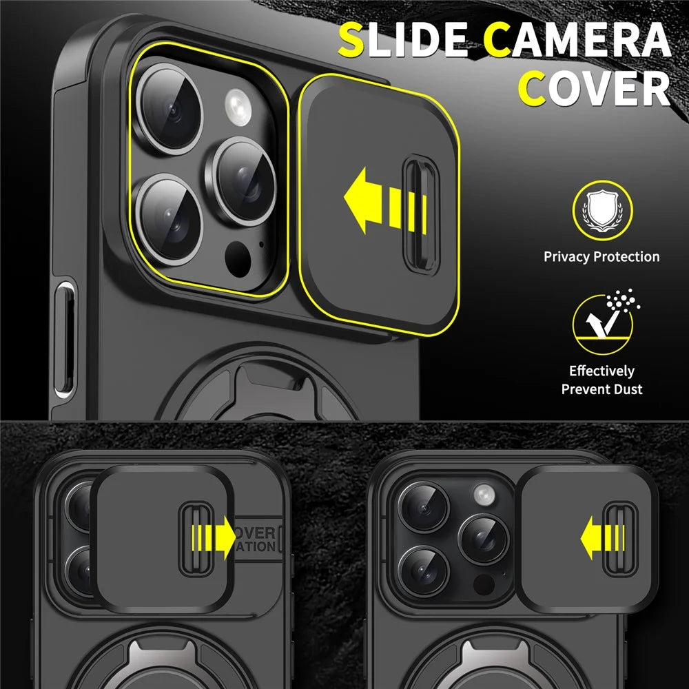For iPhone 14 Pro Magnetic Case Slide Lens Cover Ring Kickstand TPU+PC Phone Shell - Black - 6