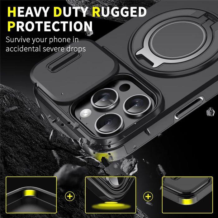 For iPhone 16 Pro Magnetic Phone Case Slide Lens Cover Ring Kickstand TPU+PC Phone Shell - Black - 2