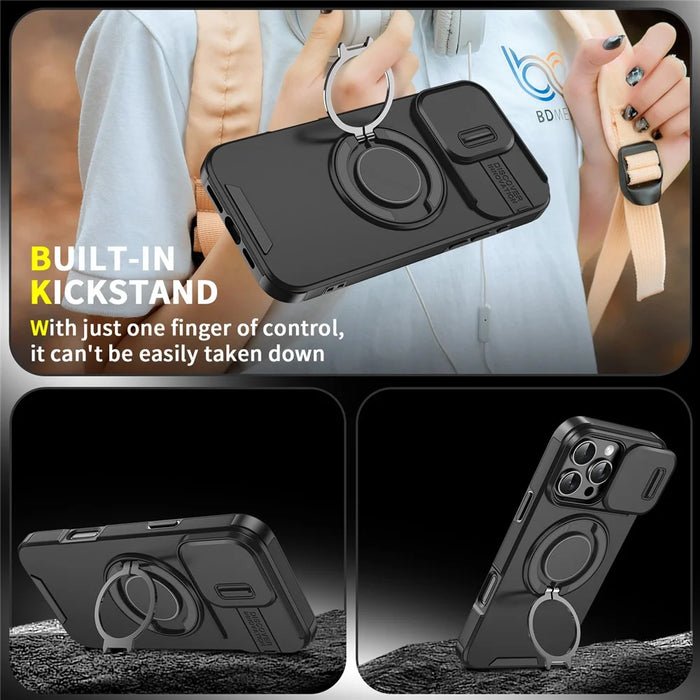 For iPhone 16 Pro Magnetic Phone Case Slide Lens Cover Ring Kickstand TPU+PC Phone Shell - Black - 4