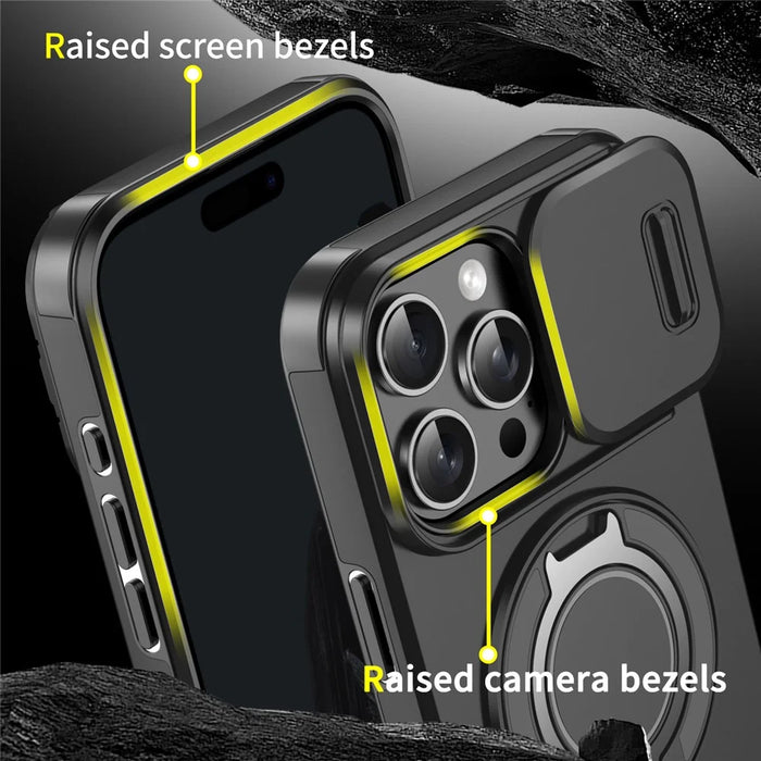 For iPhone 16 Pro Magnetic Phone Case Slide Lens Cover Ring Kickstand TPU+PC Phone Shell - Black - 5
