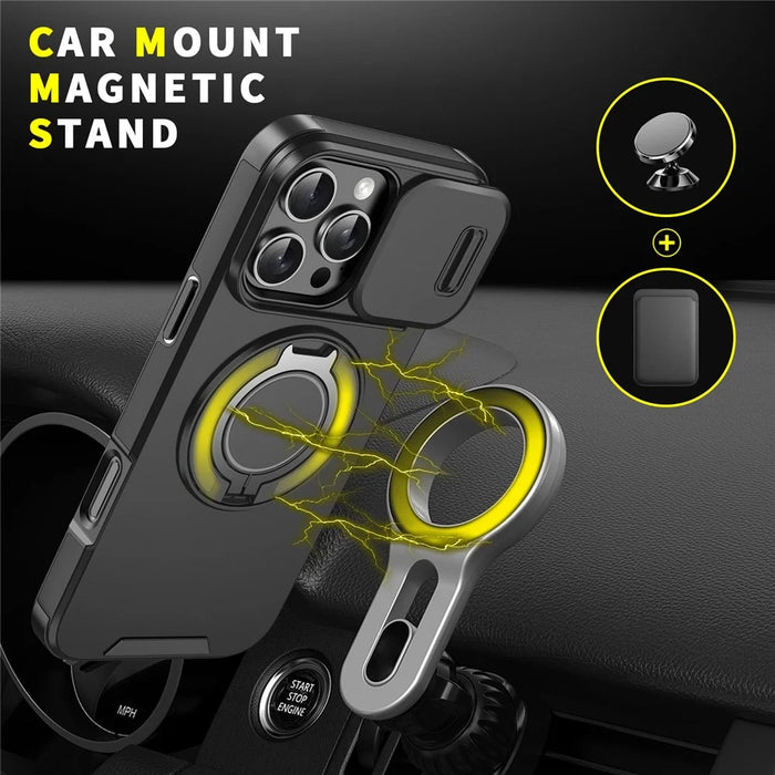 For iPhone 16 Pro Magnetic Phone Case Slide Lens Cover Ring Kickstand TPU+PC Phone Shell - Black - 7