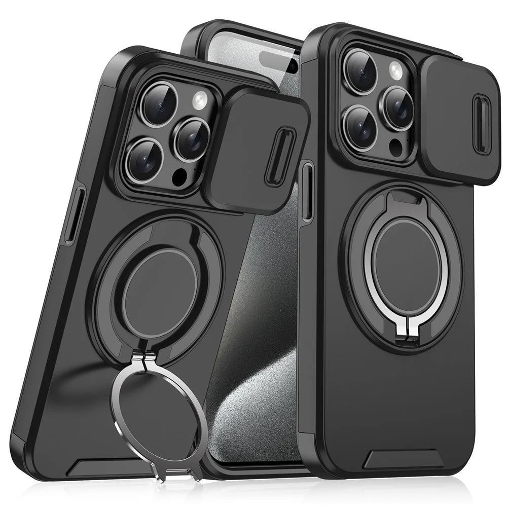 For iPhone 15 Pro Magnetic Phone Case Slide Lens Protection Ring Kickstand TPU+PC Cover - Black - 1