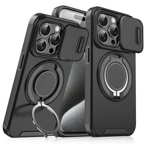For iPhone 15 Pro Magnetic Phone Case Slide Lens Protection Ring Kickstand TPU+PC Cover - Black - 1