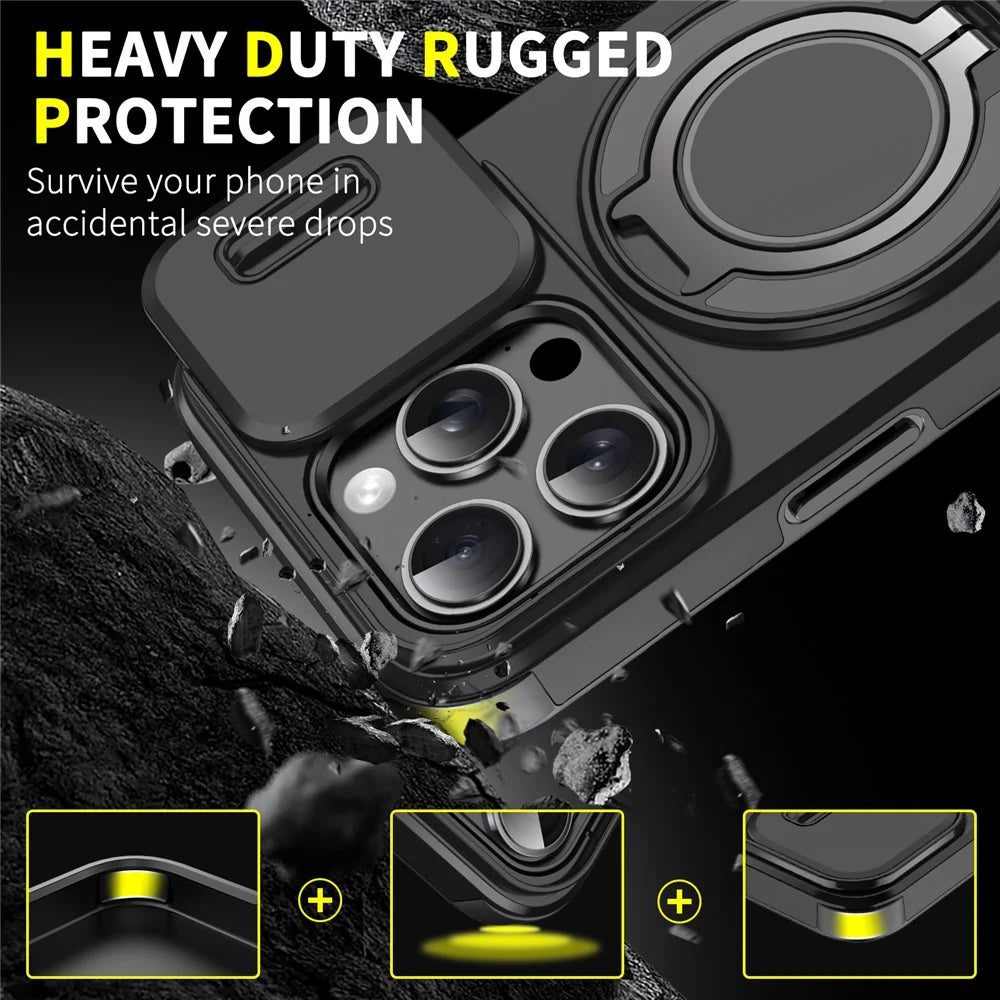 For iPhone 15 Pro Magnetic Phone Case Slide Lens Protection Ring Kickstand TPU+PC Cover - Black - 2
