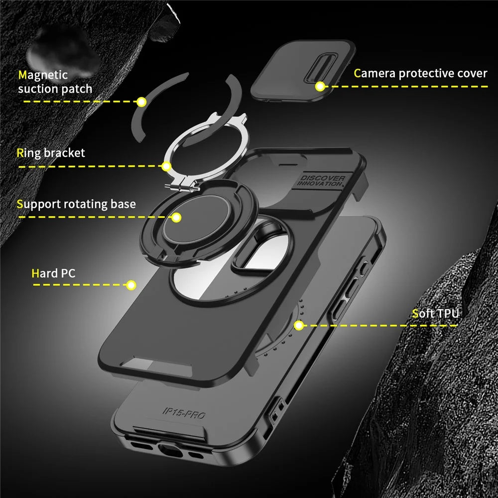 For iPhone 15 Pro Magnetic Phone Case Slide Lens Protection Ring Kickstand TPU+PC Cover - Black - 4