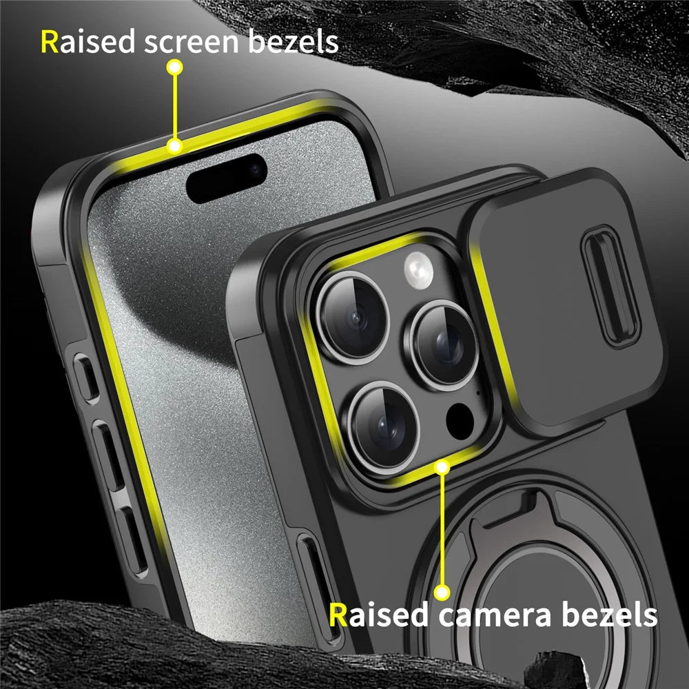 For iPhone 15 Pro Magnetic Phone Case Slide Lens Protection Ring Kickstand TPU+PC Cover - Black - 5