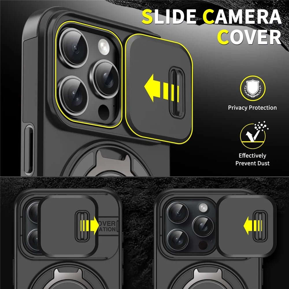 For iPhone 15 Pro Magnetic Phone Case Slide Lens Protection Ring Kickstand TPU+PC Cover - Black - 6