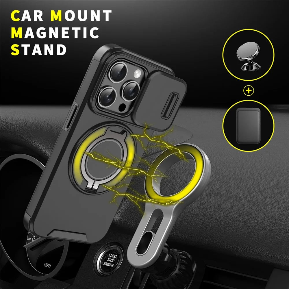 For iPhone 15 Pro Magnetic Phone Case Slide Lens Protection Ring Kickstand TPU+PC Cover - Black - 7