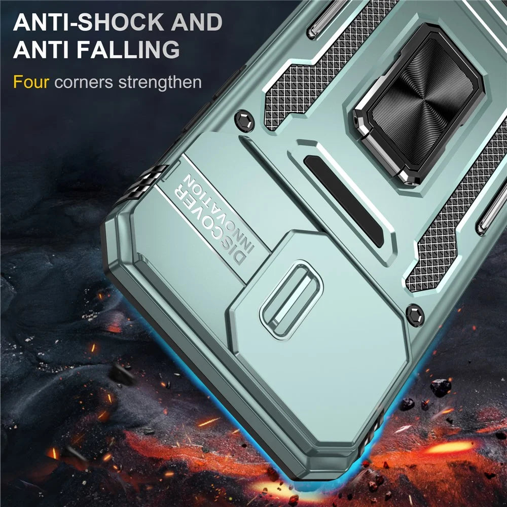 Armor Series For iPhone 16 Pro Max Case PC+TPU Kickstand Phone Cover with Slide Lens Lid - Green - 2