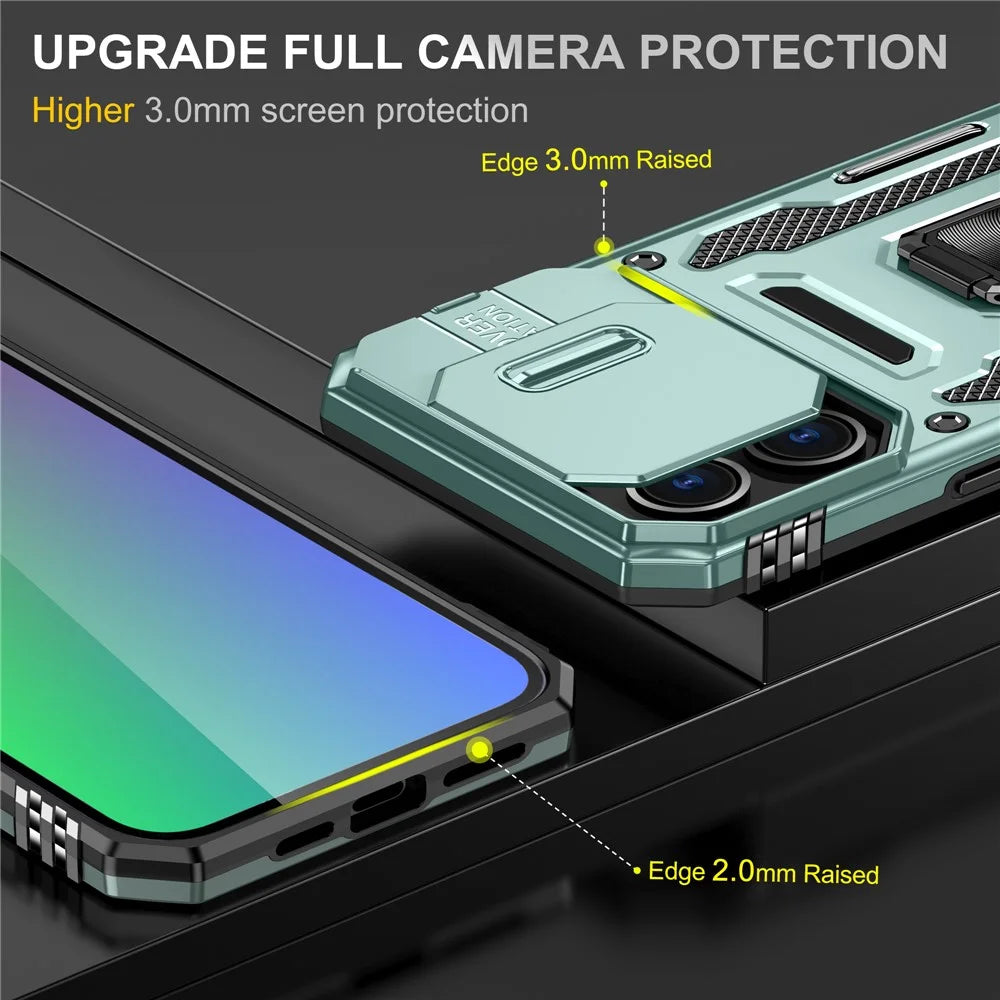 Armor Series For iPhone 16 Pro Max Case PC+TPU Kickstand Phone Cover with Slide Lens Lid - Green - 3