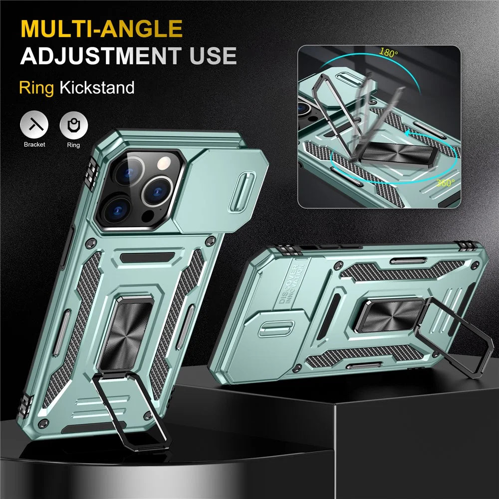 Armor Series For iPhone 16 Pro Max Case PC+TPU Kickstand Phone Cover with Slide Lens Lid - Green - 4