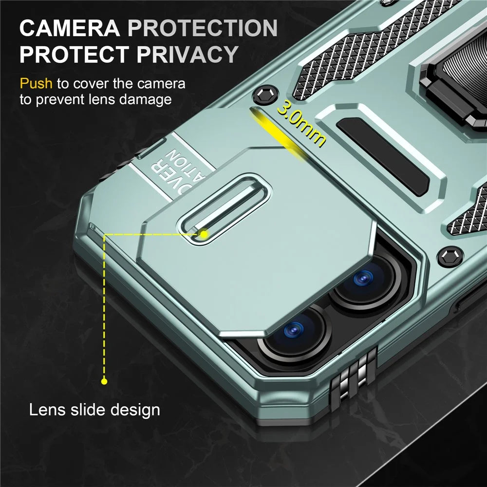 Armor Series For iPhone 16 Pro Max Case PC+TPU Kickstand Phone Cover with Slide Lens Lid - Green - 5