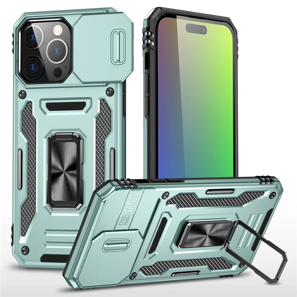 Armor Series For iPhone 16 Pro Case Slide Lens Lid PC+TPU Anti-Drop Kickstand Phone Cover - Green - 1