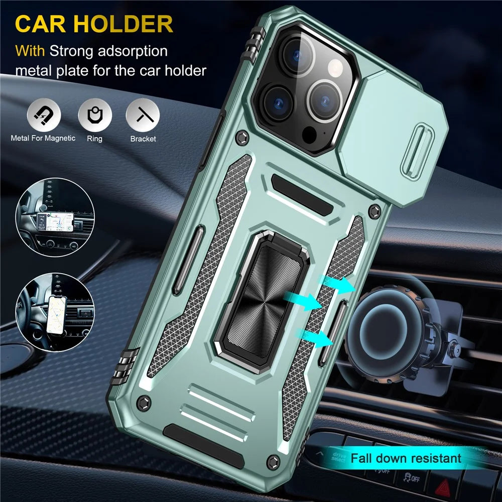 Armor Series For iPhone 16 Pro Case Slide Lens Lid PC+TPU Anti-Drop Kickstand Phone Cover - Green - 6