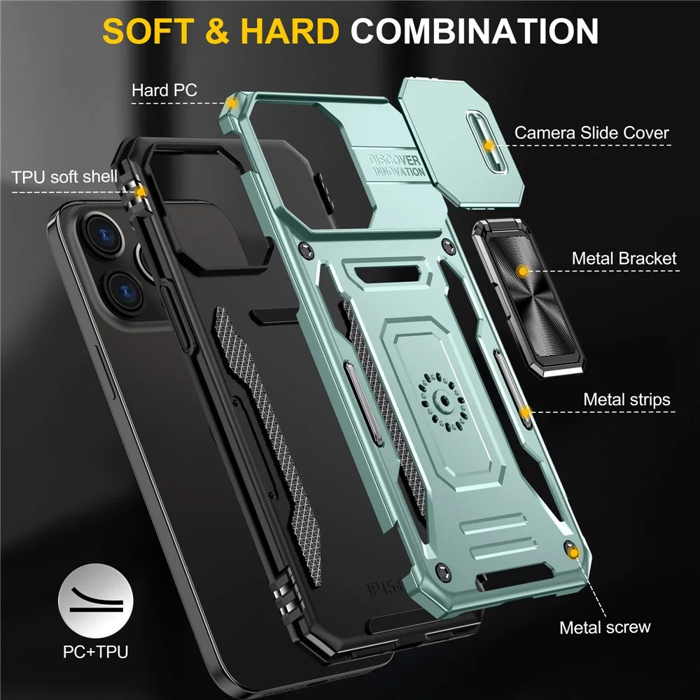 Armor Series For iPhone 16 Pro Case Slide Lens Lid PC+TPU Anti-Drop Kickstand Phone Cover - Green - 7