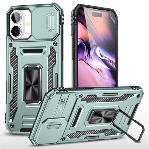 Armor Series For iPhone 16 Plus Case Adjustable Kickstand PC+TPU Phone Cover with Slide Lens Guard - Green - 1