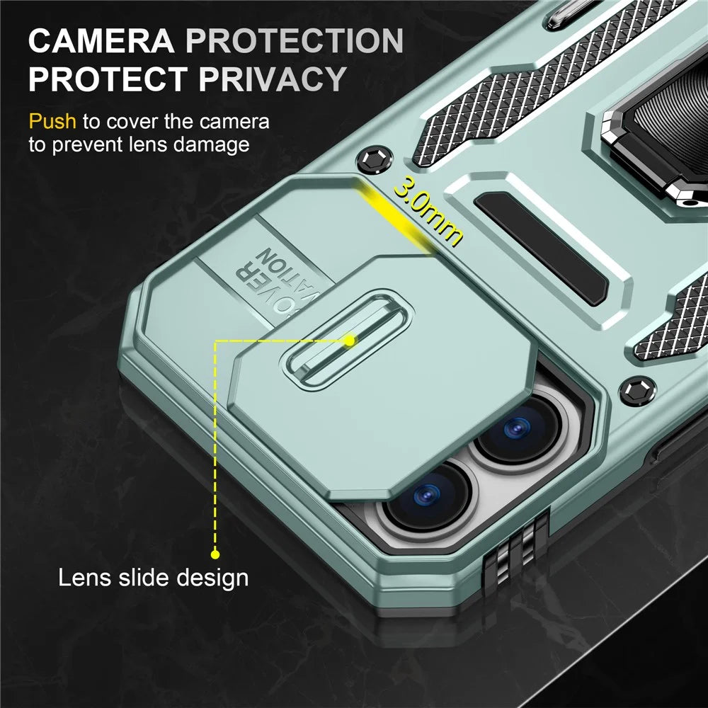 Armor Series For iPhone 16 Plus Case Adjustable Kickstand PC+TPU Phone Cover with Slide Lens Guard - Green - 5