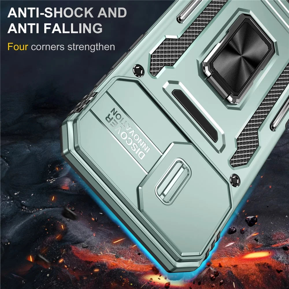 Armor Series For iPhone 16 Case Kickstand Slide Lens Lid PC+TPU Drop-Proof Phone Cover - Green - 2