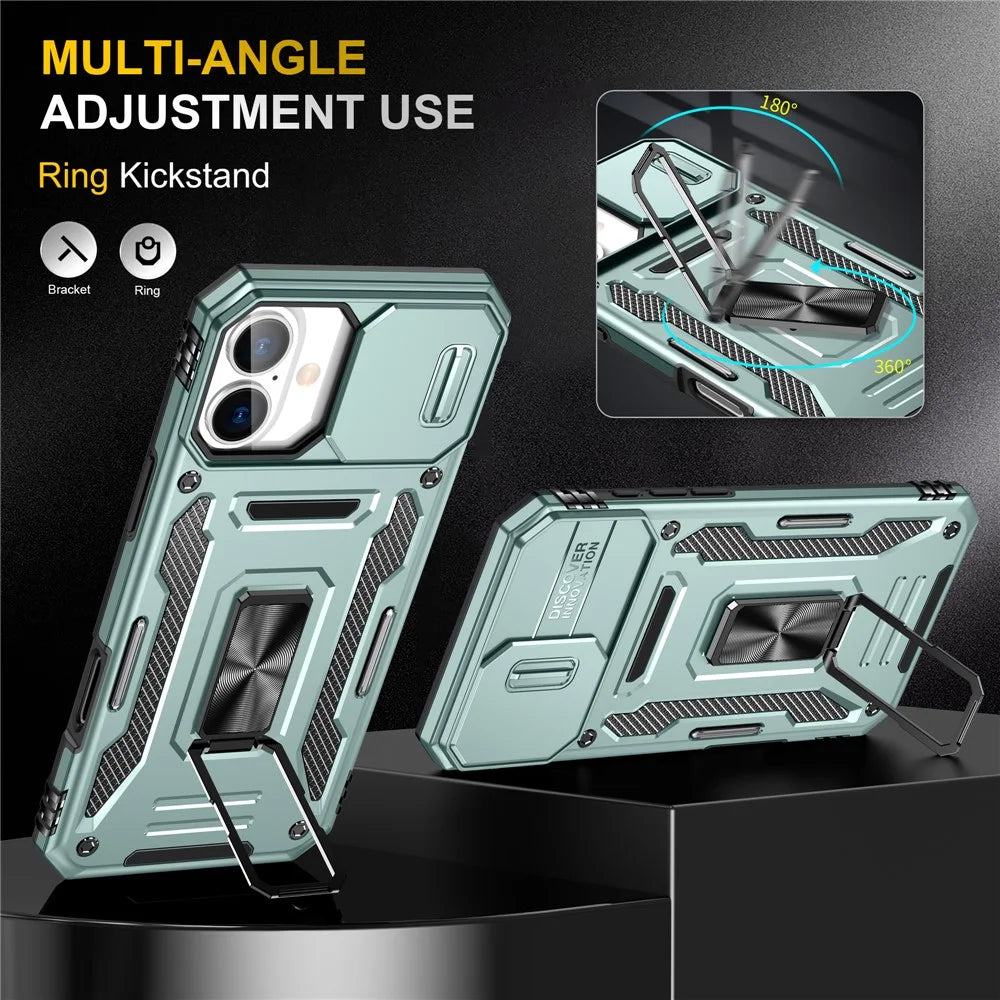 Armor Series For iPhone 16 Case Kickstand Slide Lens Lid PC+TPU Drop-Proof Phone Cover - Green - 4