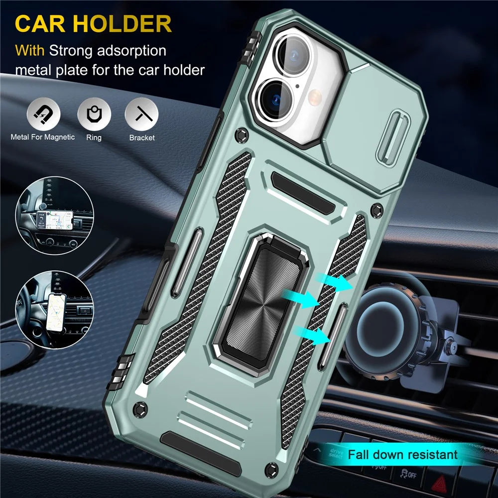 Armor Series For iPhone 16 Case Kickstand Slide Lens Lid PC+TPU Drop-Proof Phone Cover - Green - 6