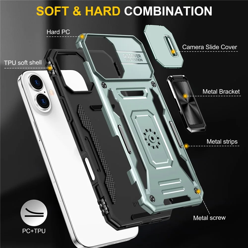 Armor Series For iPhone 16 Case Kickstand Slide Lens Lid PC+TPU Drop-Proof Phone Cover - Green - 7