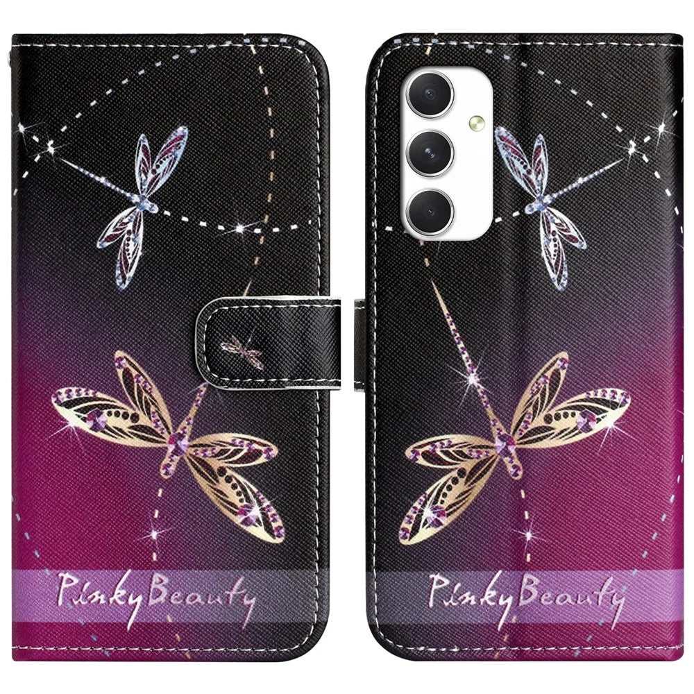 For Samsung Galaxy A16 5G / A16 4G Case Pattern Print PU Leather Wallet Phone Cover Cross Texture - Dragonfly - 1