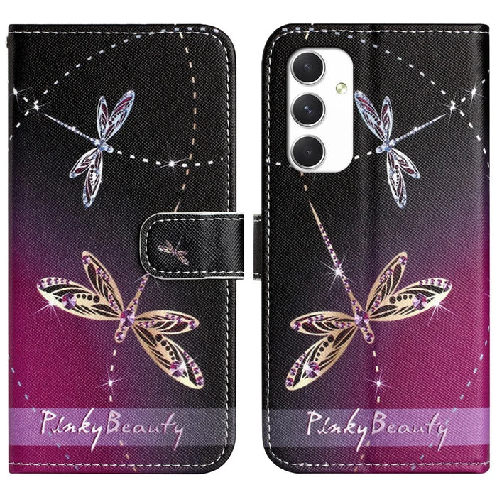 For Samsung Galaxy A16 5G / A16 4G Case Pattern Print PU Leather Wallet Phone Cover Cross Texture - Dragonfly - 1