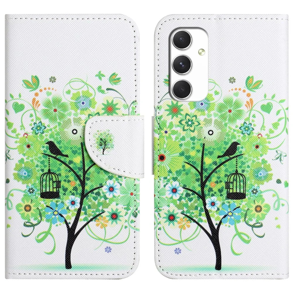 For Samsung Galaxy A16 5G / A16 4G Case Cross Texture Leather Phone Cover Pattern Printing - Green Tree - 1