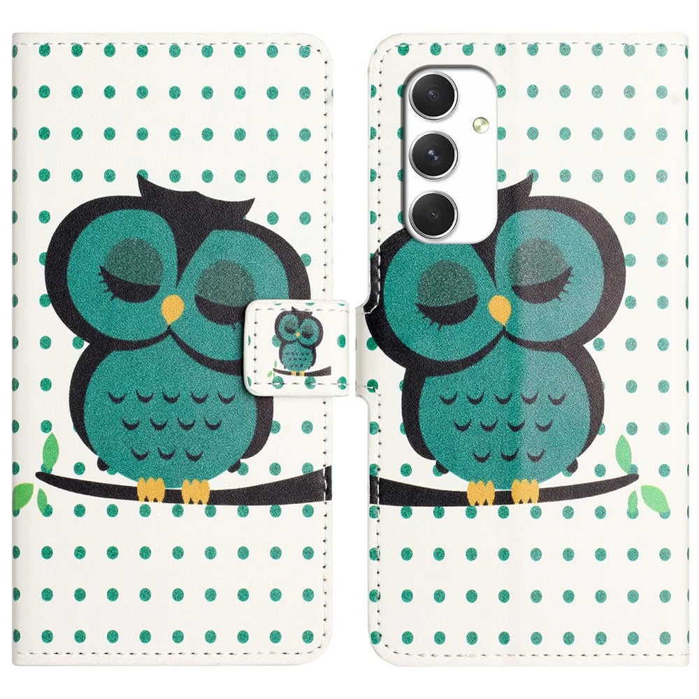 For Samsung Galaxy A16 5G / A16 4G Case Pattern Print PU Leather Wallet Phone Cover - Dots Owl - 1