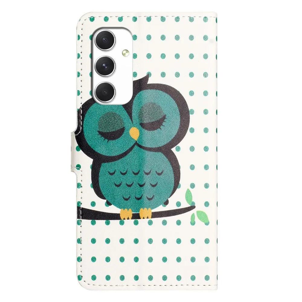 For Samsung Galaxy A16 5G / A16 4G Case Pattern Print PU Leather Wallet Phone Cover - Dots Owl - 5