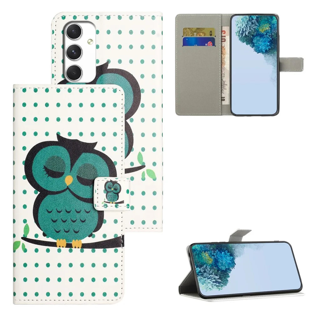 For Samsung Galaxy A16 5G / A16 4G Case Pattern Print PU Leather Wallet Phone Cover - Dots Owl - 6