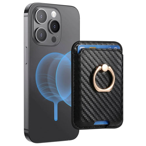 MC-W15 Carbon Fiber Texture Card Holder Ring Holder Leather Magnetic Phone Card Bag - Black - 1