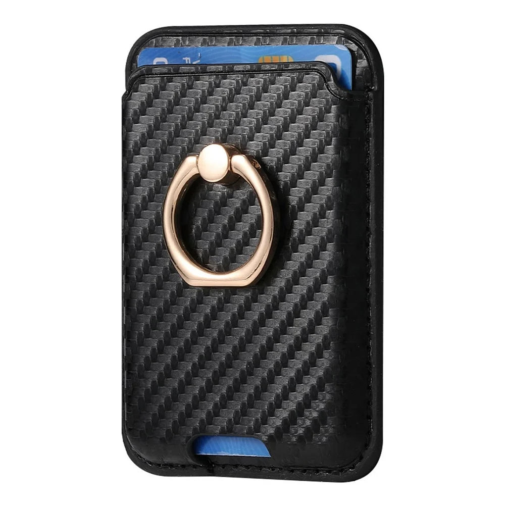 MC-W15 Carbon Fiber Texture Card Holder Ring Holder Leather Magnetic Phone Card Bag - Black - 2