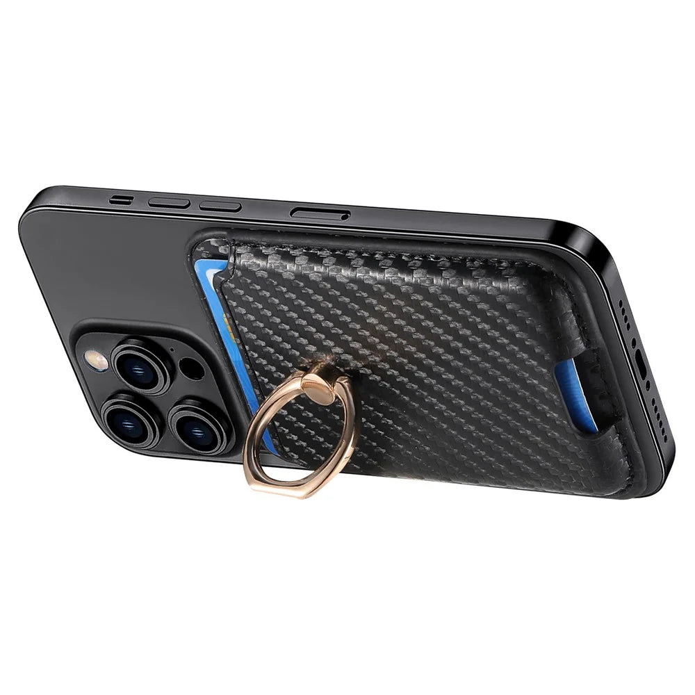 MC-W15 Carbon Fiber Texture Card Holder Ring Holder Leather Magnetic Phone Card Bag - Black - 3