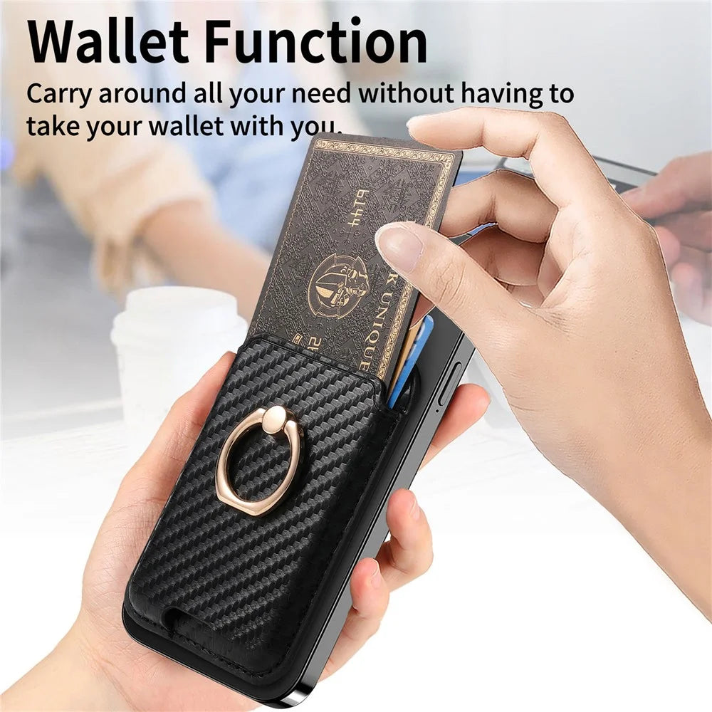 MC-W15 Carbon Fiber Texture Card Holder Ring Holder Leather Magnetic Phone Card Bag - Black - 4