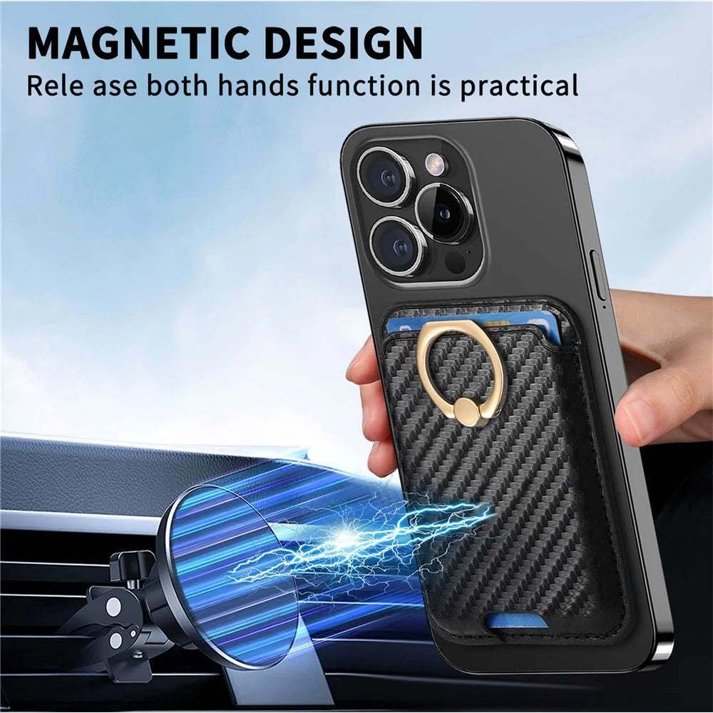 MC-W15 Carbon Fiber Texture Card Holder Ring Holder Leather Magnetic Phone Card Bag - Black - 5