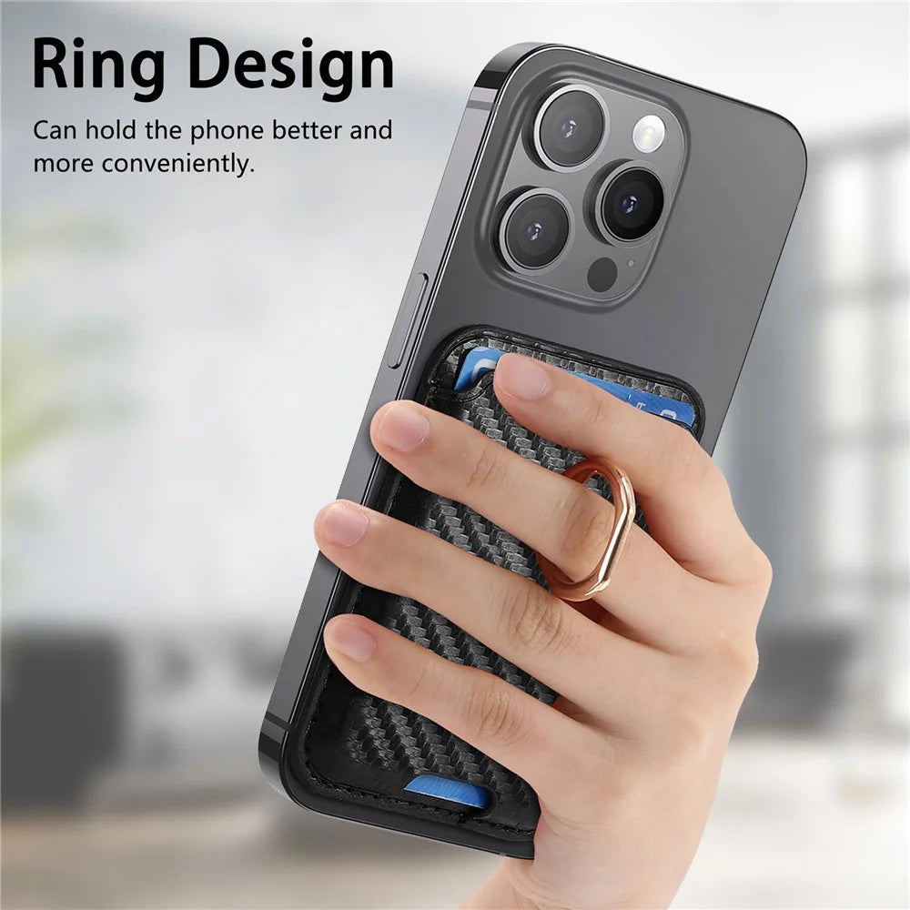 MC-W15 Carbon Fiber Texture Card Holder Ring Holder Leather Magnetic Phone Card Bag - Black - 6