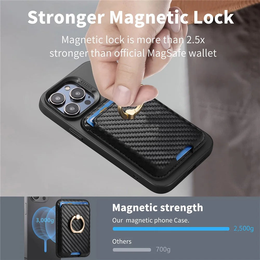MC-W15 Carbon Fiber Texture Card Holder Ring Holder Leather Magnetic Phone Card Bag - Black - 7