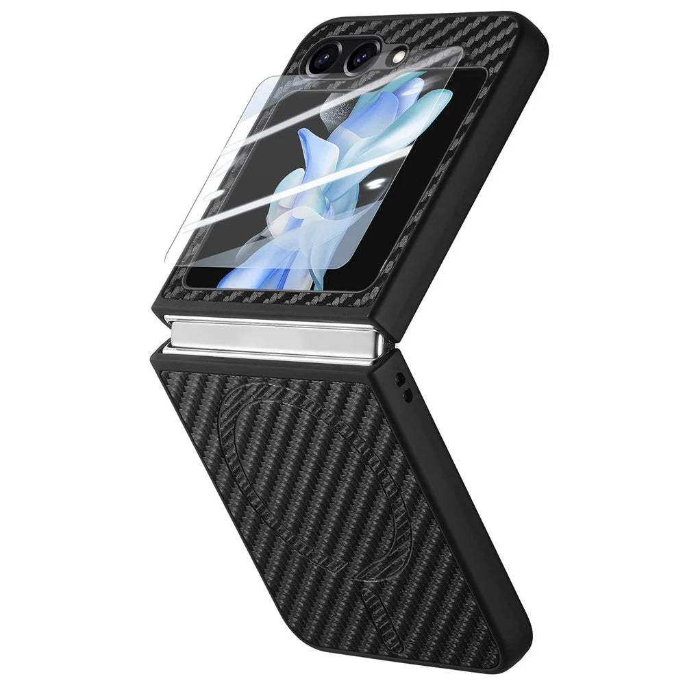 For Samsung Galaxy Z Flip5 5G Magnetic Case Leather+PC Cover with Rear Screen Film - Black - 1
