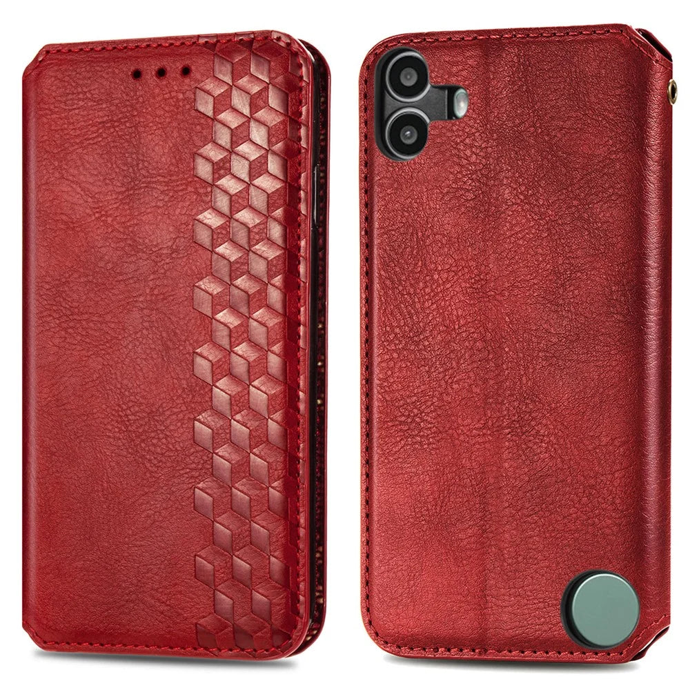 For Nothing CMF Phone 1 PU Leather Case Rhombus Imprint Wallet Stand Phone Cover - Red - 1