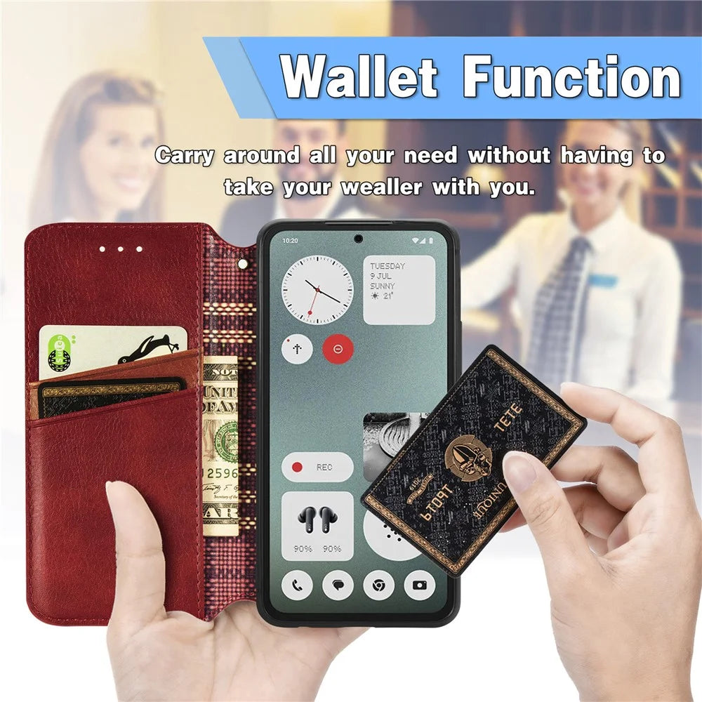 For Nothing CMF Phone 1 PU Leather Case Rhombus Imprint Wallet Stand Phone Cover - Red - 6