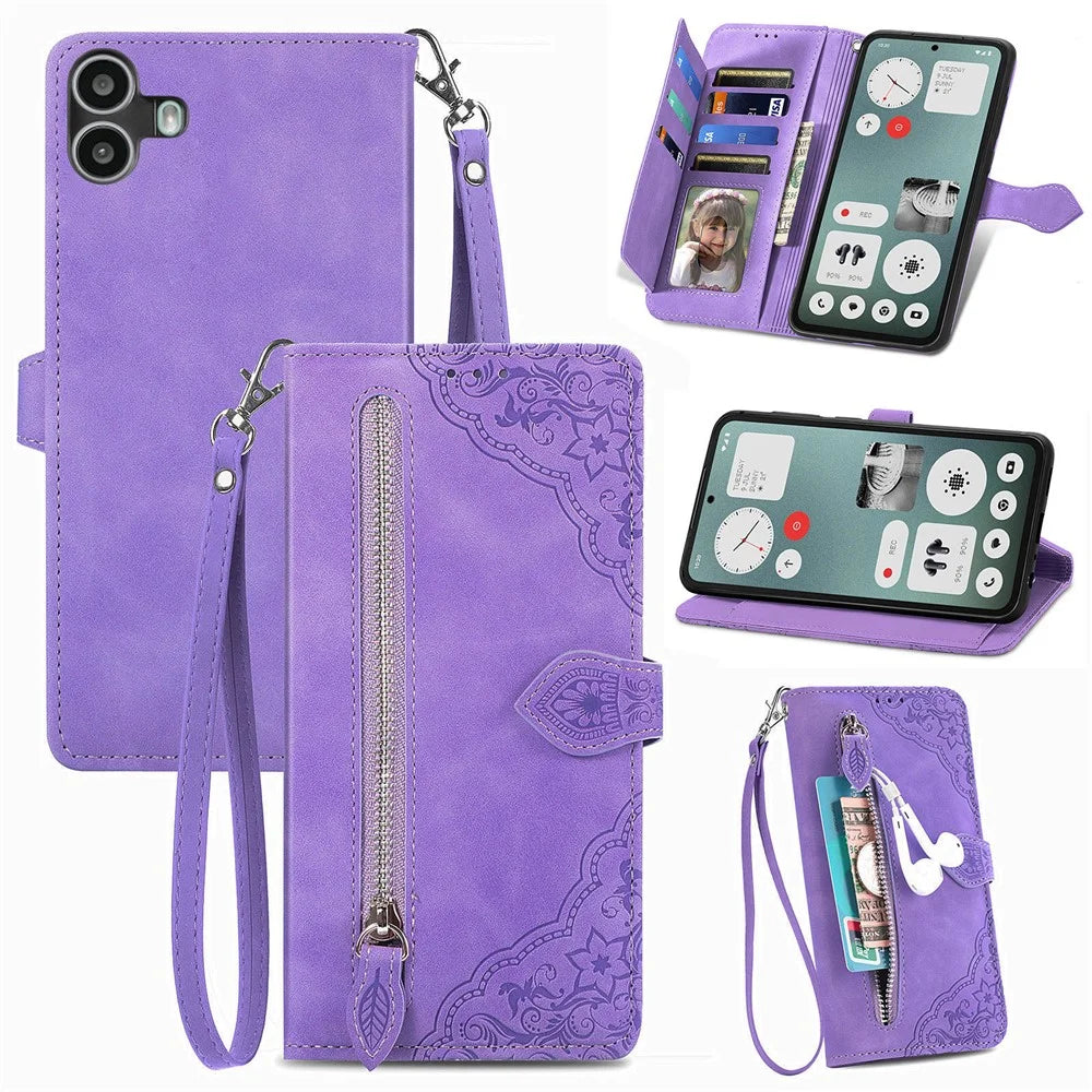 For Nothing CMF Phone 1 Zipper Wallet Case with Strap Flower Imprint PU Leather Phone Cover - Light Purple - 1