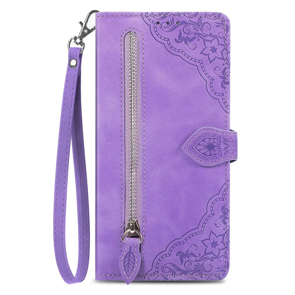 For Nothing CMF Phone 1 Zipper Wallet Case with Strap Flower Imprint PU Leather Phone Cover - Light Purple - 6