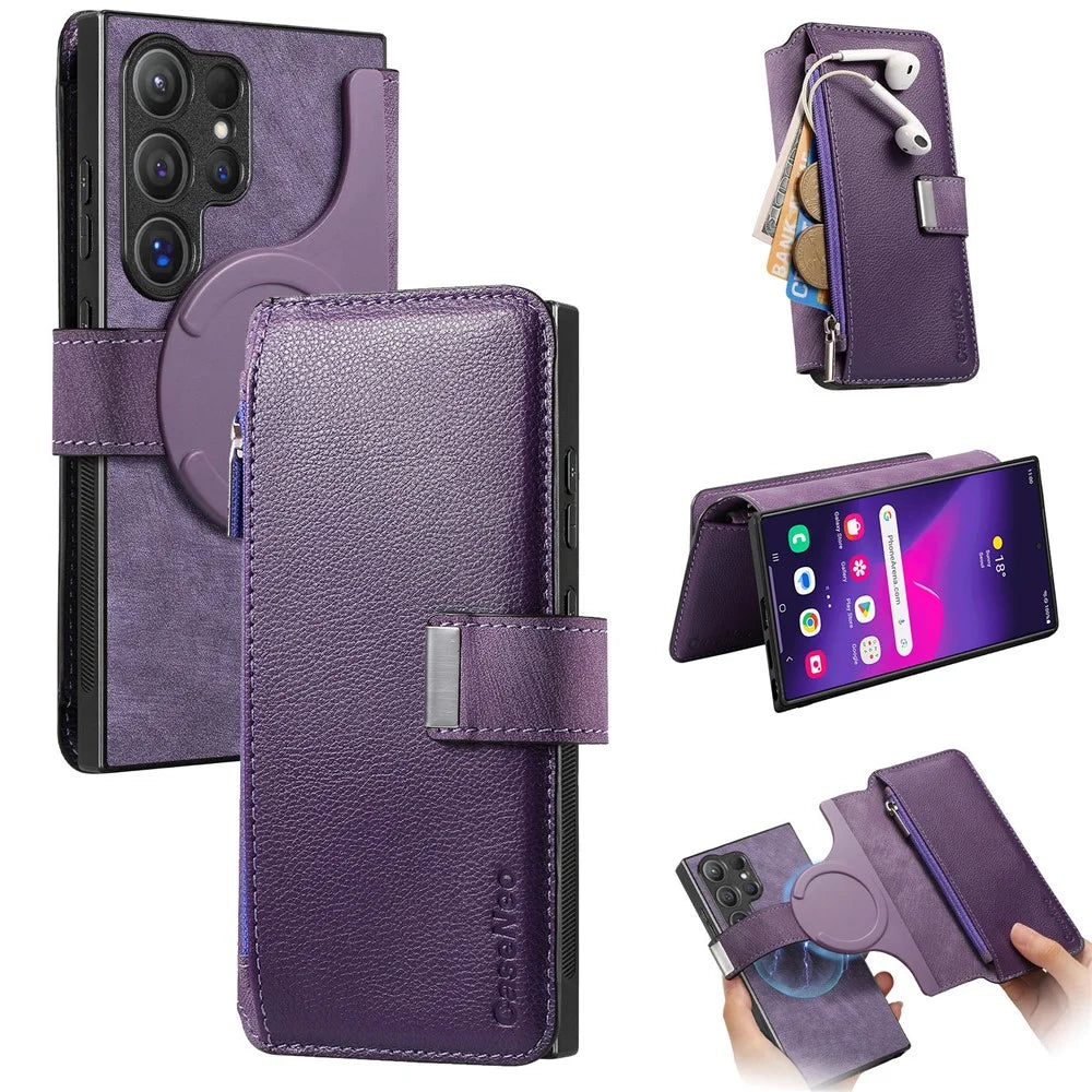 CASENEO MW-02 For Samsung Galaxy S24 Ultra Case Zipper Pocket PU Leather Stand Phone Cover - Purple - 1