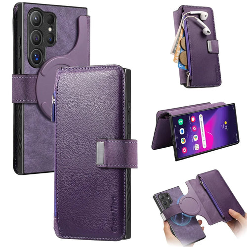CASENEO MW-02 For Samsung Galaxy S24 Ultra Case Zipper Pocket PU Leather Stand Phone Cover - Purple - 1